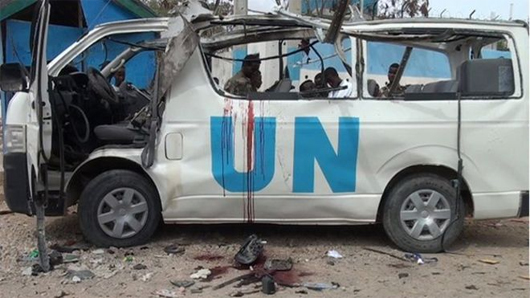 The UN van in which the victims were travelling. 