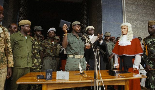 29 Jan 1986, Kampala, Uganda --- Yoweri Museveni has seized power. He commanded the National Resistance Army (NRA) in a rebellion against President Milton Obote and the military regime that succeeded him. He finally captured the capital city, Kampala, in January 1986.