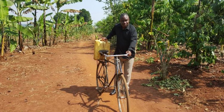 Lukwago fetching water from the village well.