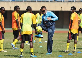 The Uganda National team, The Cranes coach Milutin Sredojevic demonstrates how it should be done during 2014 Chan Qualifier training at the Mandela Stadium, Namboole, Kampala on 08 June 2013 ©Ismail Kezaala/BackpagePix