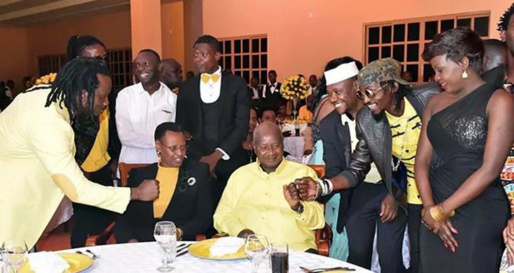 President Museveni with the artistes during the launch of the Tubonga Nawe project in late 2015.