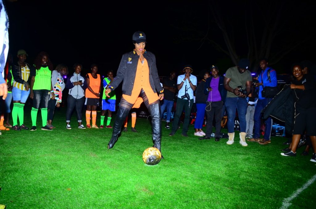Cindy attempting a penalty shot last night at the Guinness Night Football in Mbale. PHOTOS BY ASIIMWE VINCENT SMOKY/Matooke Republic.