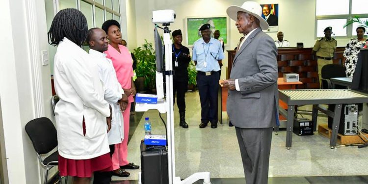 President Museveni being screened for Coronavirus in the VIP Lounge of Entebbe International Airport.