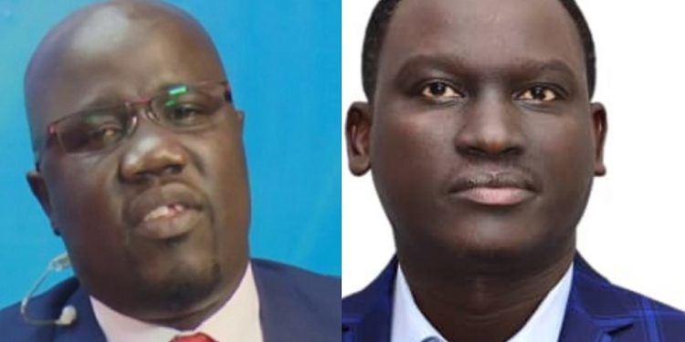 Charles Odongtho (L) handed in his resignation to Kin Kariisa (R), the CEO of Next Media Services, the parent company of NBS Television.