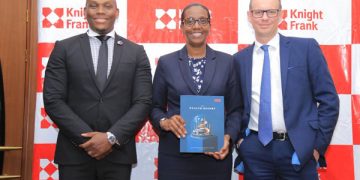 Vusi Thembekwayo with Knight Frank Uganda MD Judy Kyanda and Knight Frank Global editor of The Wealth Report Andrew Shirley at the launch of the report. COURTESY PHOTO.