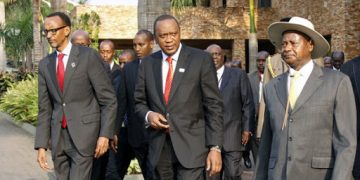 Presidents Paul Kagame of Rwanda, Uhuru Kenyatta of Kenya and Kaguta Museveni of Uganda.