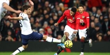 Manchester United forward Marcus Rashford taking a shot during their face-off with Tottenham Hotspurs in the first leg. COURTESY PHOTO.