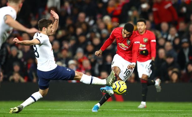 Manchester United forward Marcus Rashford taking a shot during their face-off with Tottenham Hotspurs in the first leg. COURTESY PHOTO.