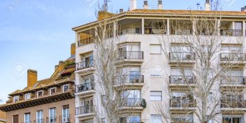 Low angle view of apartment buildings at Madrid city, Spain