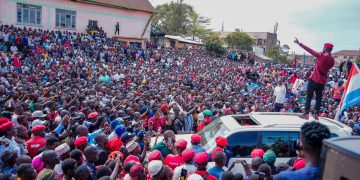 Bobi Wine addressing a gathering in Mbarara.