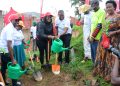 Absa's Helen Nangonzi and Hoima Mayor Brian Kaboyo water a tree during the Greening Hoima Campaign last year.