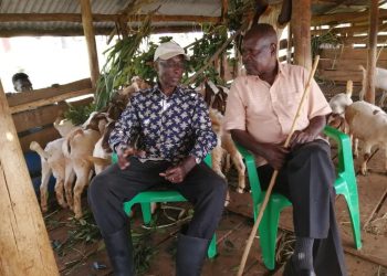 Gen Kayihura (in a cap) and government spokesperson Ofwono Opondo at the farm.