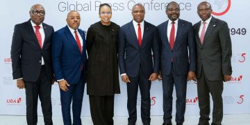 L-R: Company Secretary, Mr. Bili Odum; Executive Director,/GCOO, Mr. Alex Alozie; Group Head, Marketing and Corporate Communication, Ms Alero Ladipo; Group Managing Director/CEO; Mr. Oliver Alawuba; Group Deputy Managing Director, Mr. Muyiwa Akinyemi; and Executive Director, Mr. Ugo Nwaghodoh, at the Global Press Conference to herald the year-long celebration of UBA Group at 75.