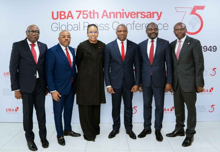 L-R: Company Secretary, Mr. Bili Odum; Executive Director,/GCOO, Mr. Alex Alozie; Group Head, Marketing and Corporate Communication, Ms Alero Ladipo; Group Managing Director/CEO; Mr. Oliver Alawuba; Group Deputy Managing Director, Mr. Muyiwa Akinyemi; and Executive Director, Mr. Ugo Nwaghodoh, at the Global Press Conference to herald the year-long celebration of UBA Group at 75.