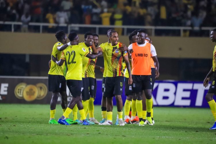 Uganda Cranes players celebrating during the game against Botswana at Namboole Stadium.