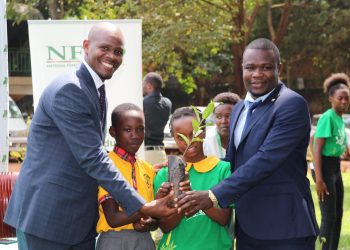 Stuart Maniraguha (L), Acting Executive Director of the National Forestry Authority - Uganda handing over seedlings to pupils.