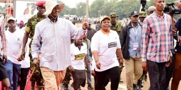 President Museveni (in a hat) during the anti-corruption walk in 2019.