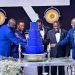 dfcu Bank management, and Guest of honor cutting cake during dfcu bank's 60 year anniverssary celebrations at Mestil Hotel.